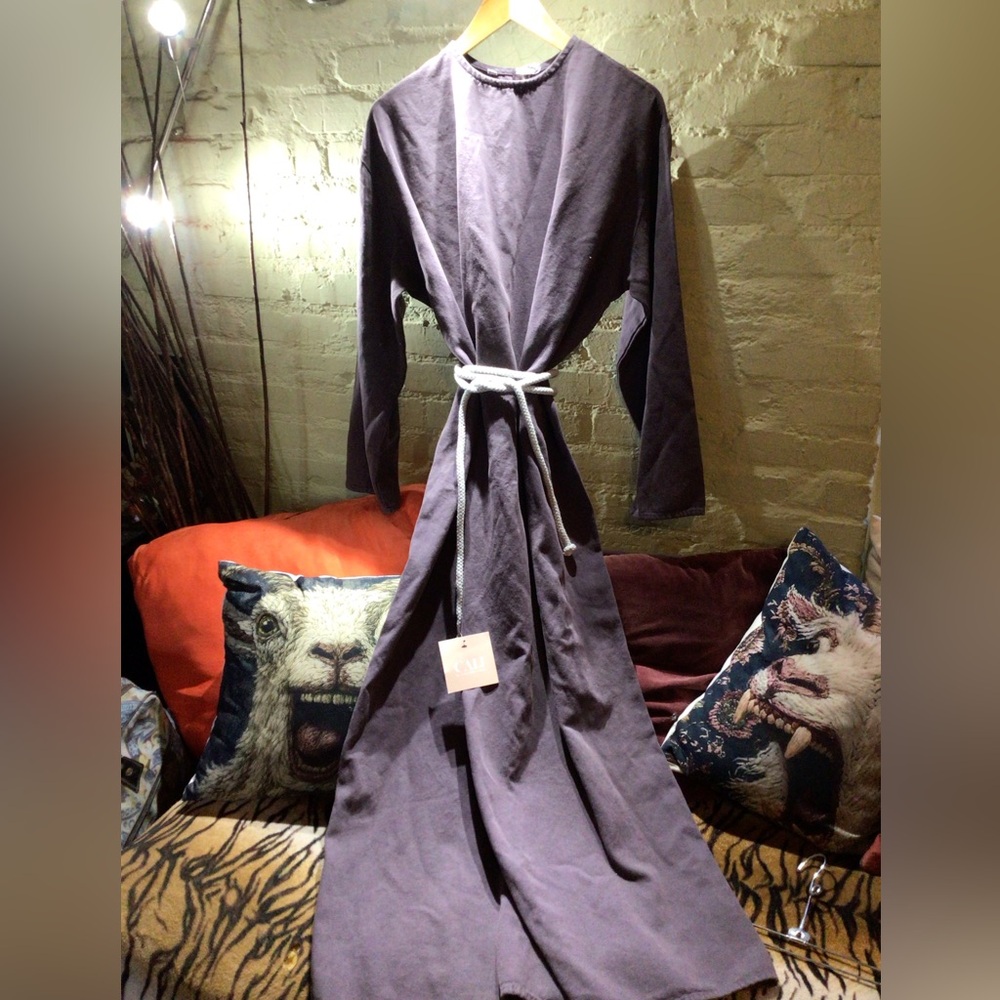 NEW! Rare Los Angeles Apparel Long Sleeve Tie-Waist Maxi Dress in Charcoal Gray